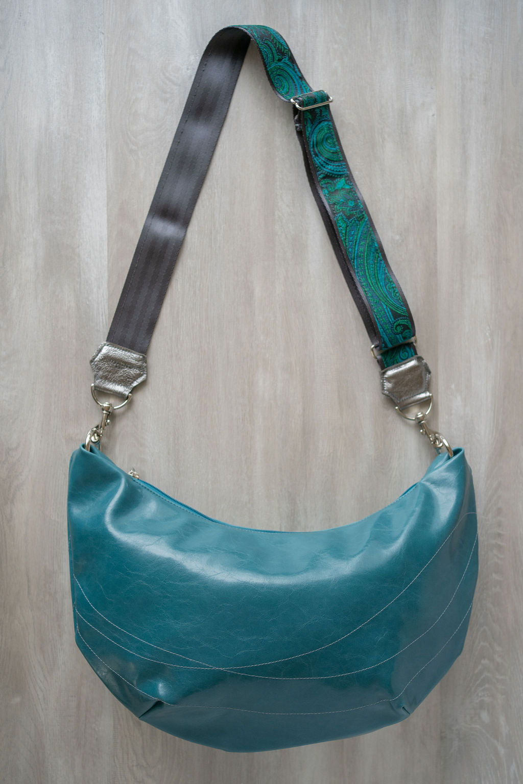 Womens Hobo Purse - Foxtrot Medium Topstitch Hobo Bag - Teal Vegan Leather made in usa#color_teal