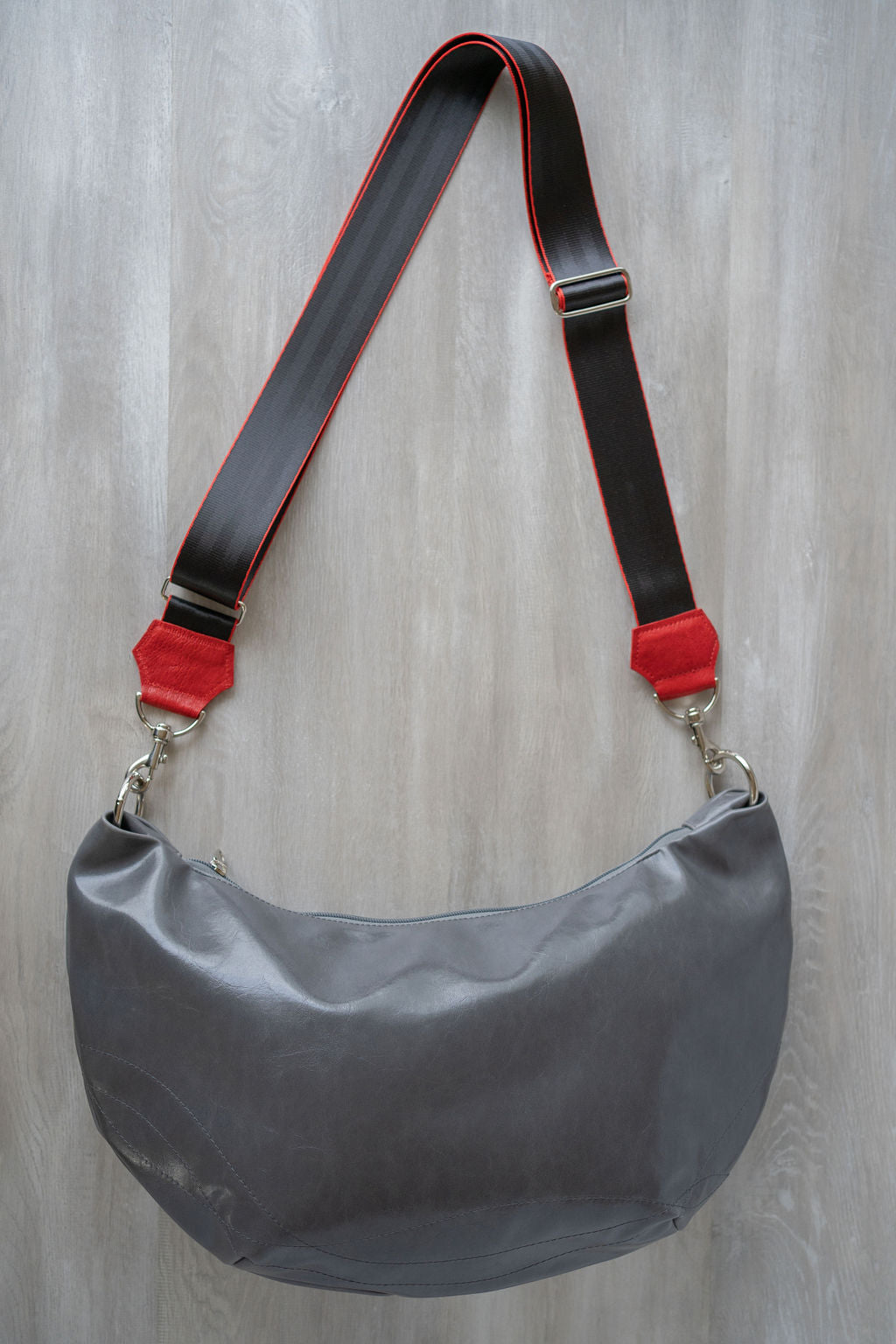 Womens Hobo Purse - Foxtrot Medium Topstitch Hobo Bag - Grey Vegan Leather#color_grey