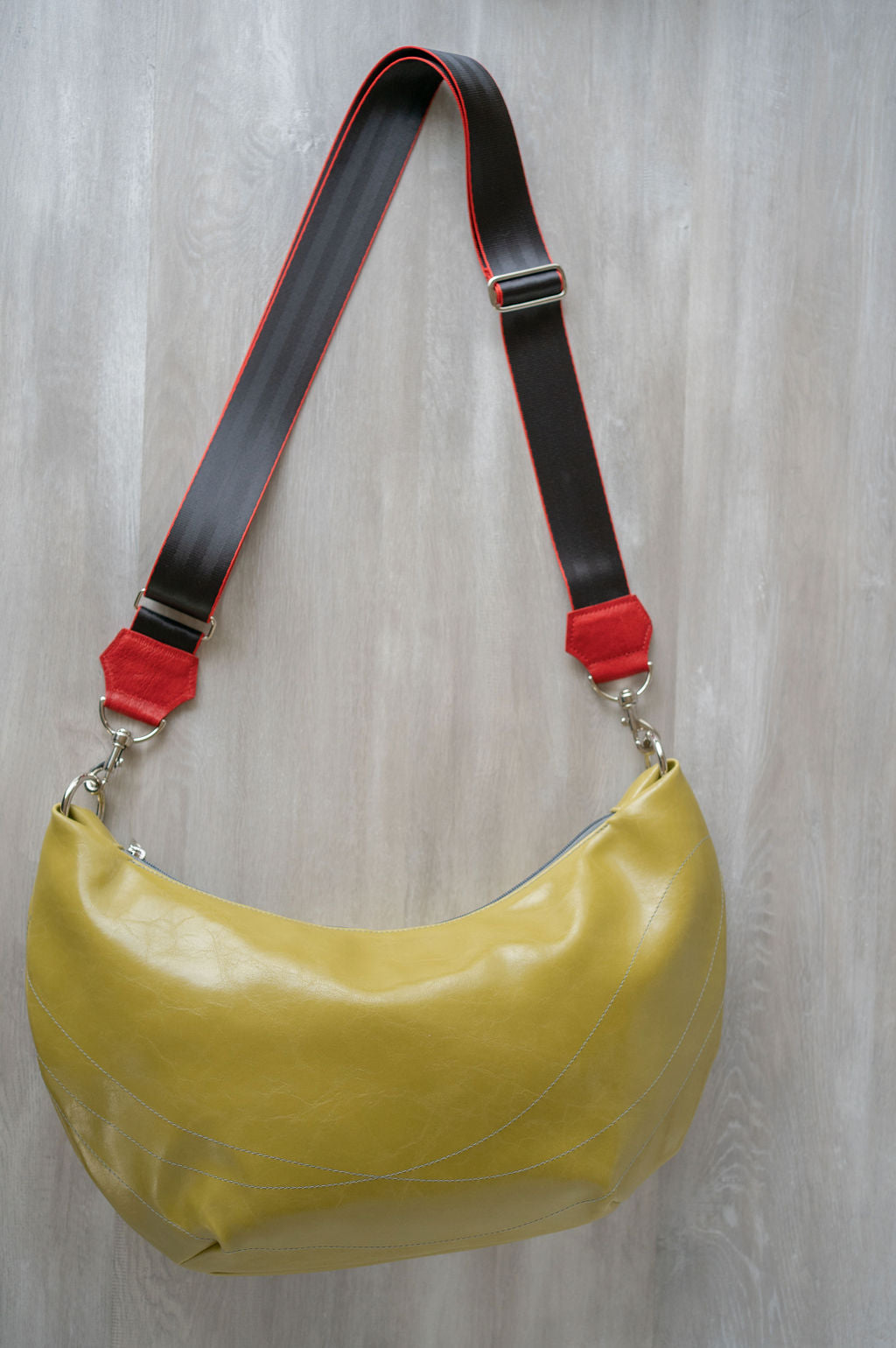 Womens Hobo Purse - Foxtrot Medium Topstitch Hobo Bag - Citrine Green Vegan Leather Vegan Coated Canvas made in USA#color_citrine