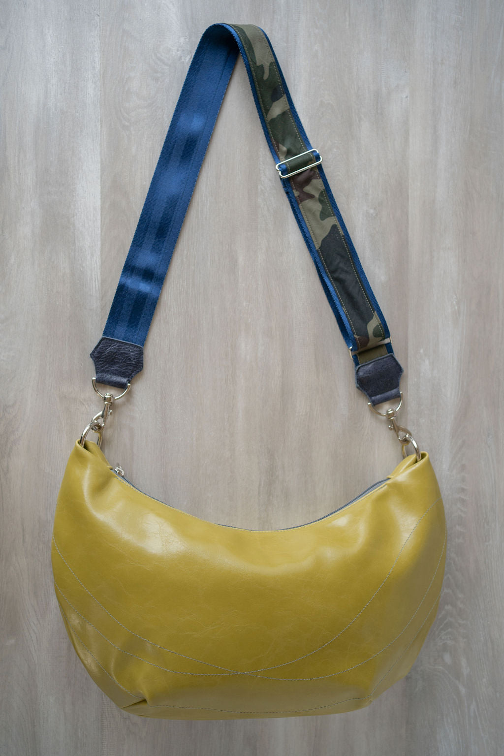 Womens Hobo Purse - Foxtrot Medium Topstitch Hobo Bag - Citrine Green Vegan Leather Vegan Coated Canvas made in USA#color_citrine