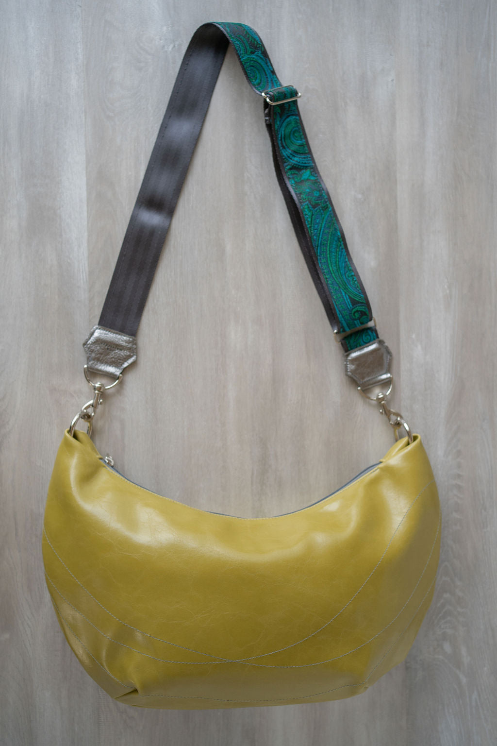 Womens Hobo Purse - Foxtrot Medium Topstitch Hobo Bag - Citrine Green Vegan Leather Vegan Coated Canvas made in USA#color_citrine