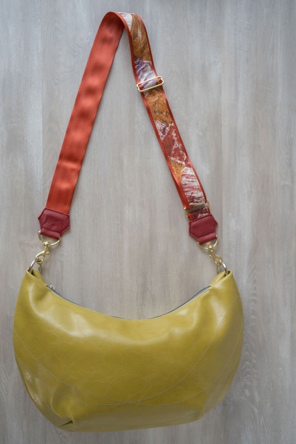 Womens Hobo Purse - Foxtrot Medium Topstitch Hobo Bag - Citrine Green Vegan Leather Vegan Coated Canvas made in USA#color_citrine