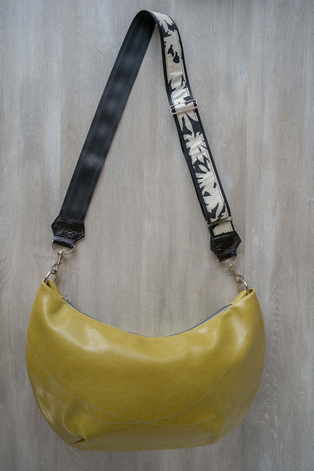 Womens Hobo Purse - Foxtrot Medium Topstitch Hobo Bag - Citrine Green Vegan Leather Vegan Coated Canvas made in USA#color_citrine