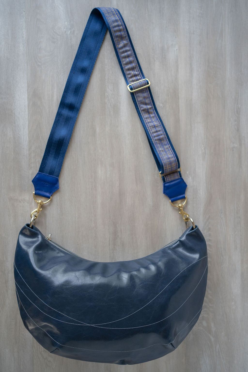 Womens Hobo Purse - Foxtrot Medium Topstitch Hobo Bag - Navy Blue Vegan Leather#color_navy