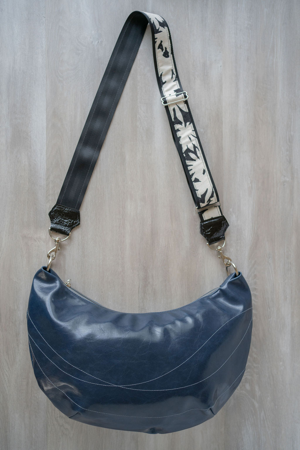 Womens Hobo Purse - Foxtrot Medium Topstitch Hobo Bag - Navy Blue Vegan Leather#color_navy