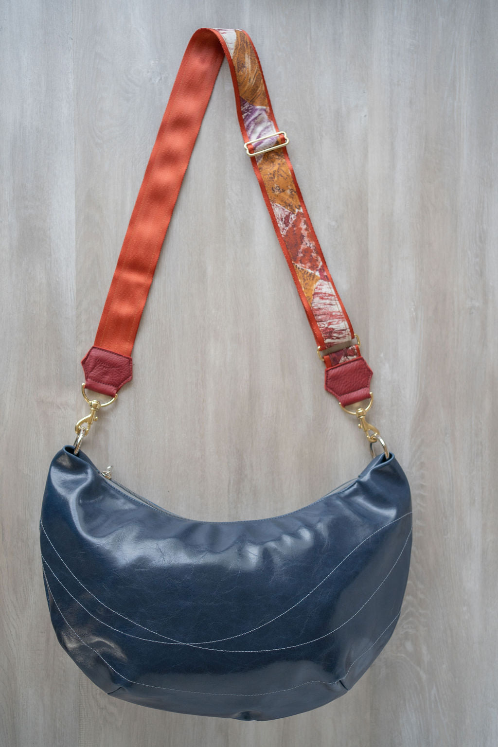 Womens Hobo Purse - Foxtrot Medium Topstitch Hobo Bag - Navy Blue Vegan Leather#color_navy