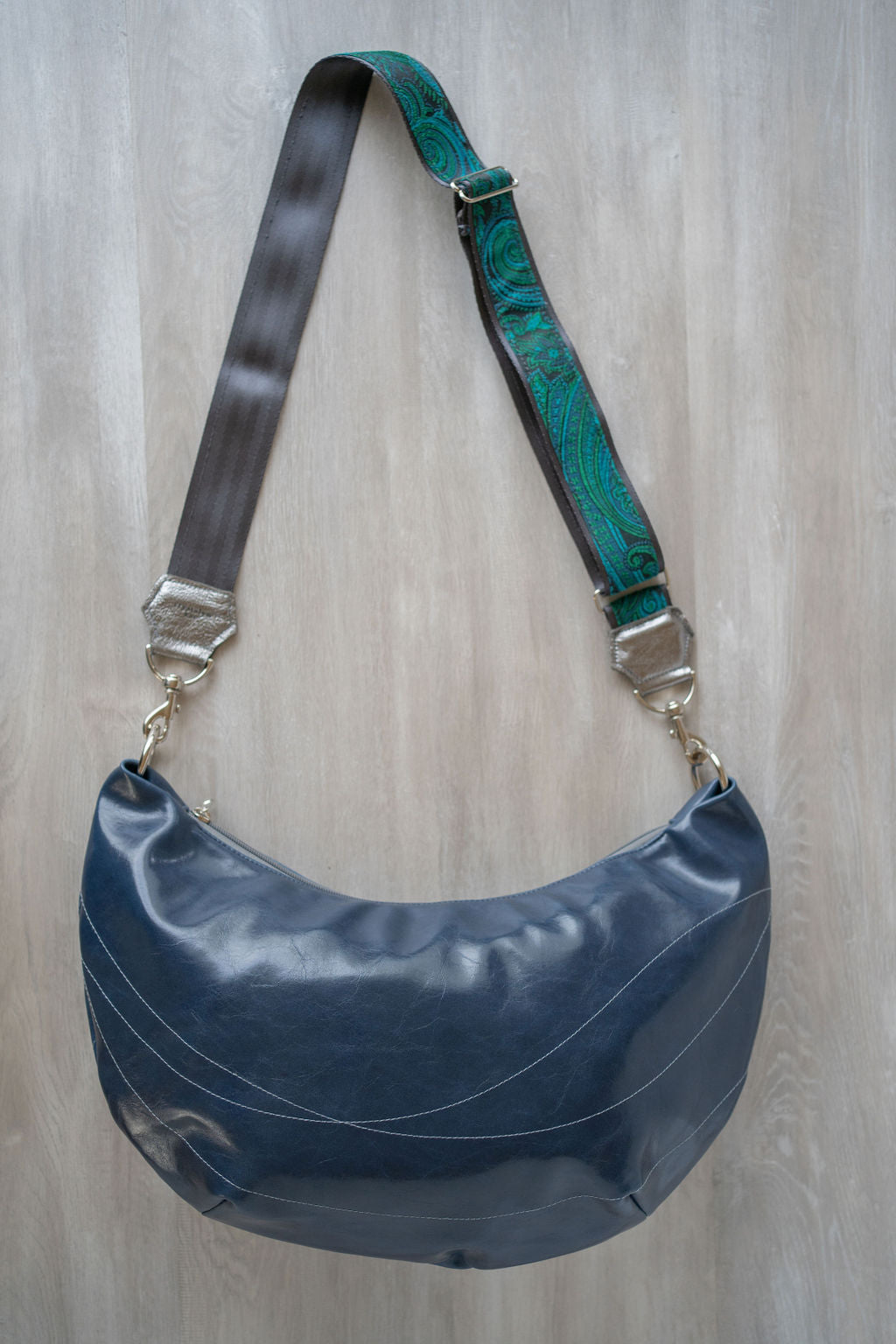 Womens Hobo Purse - Foxtrot Medium Topstitch Hobo Bag - Navy Blue Vegan Leather#color_navy