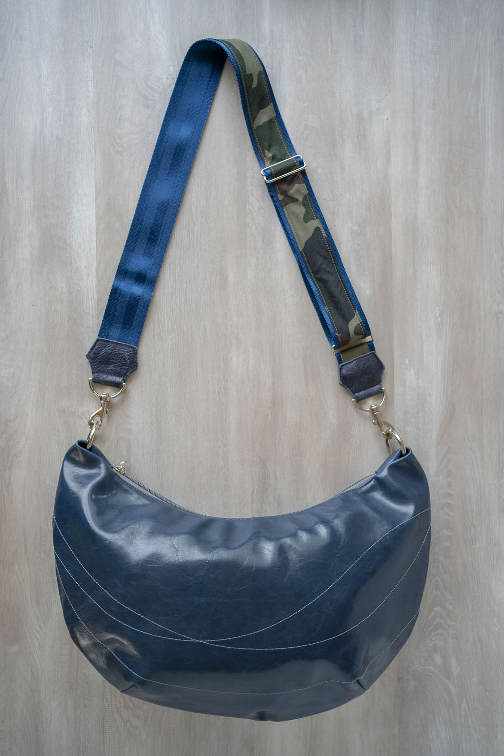 Womens Hobo Purse - Foxtrot Medium Topstitch Hobo Bag - Navy Blue Vegan Leather#color_navy