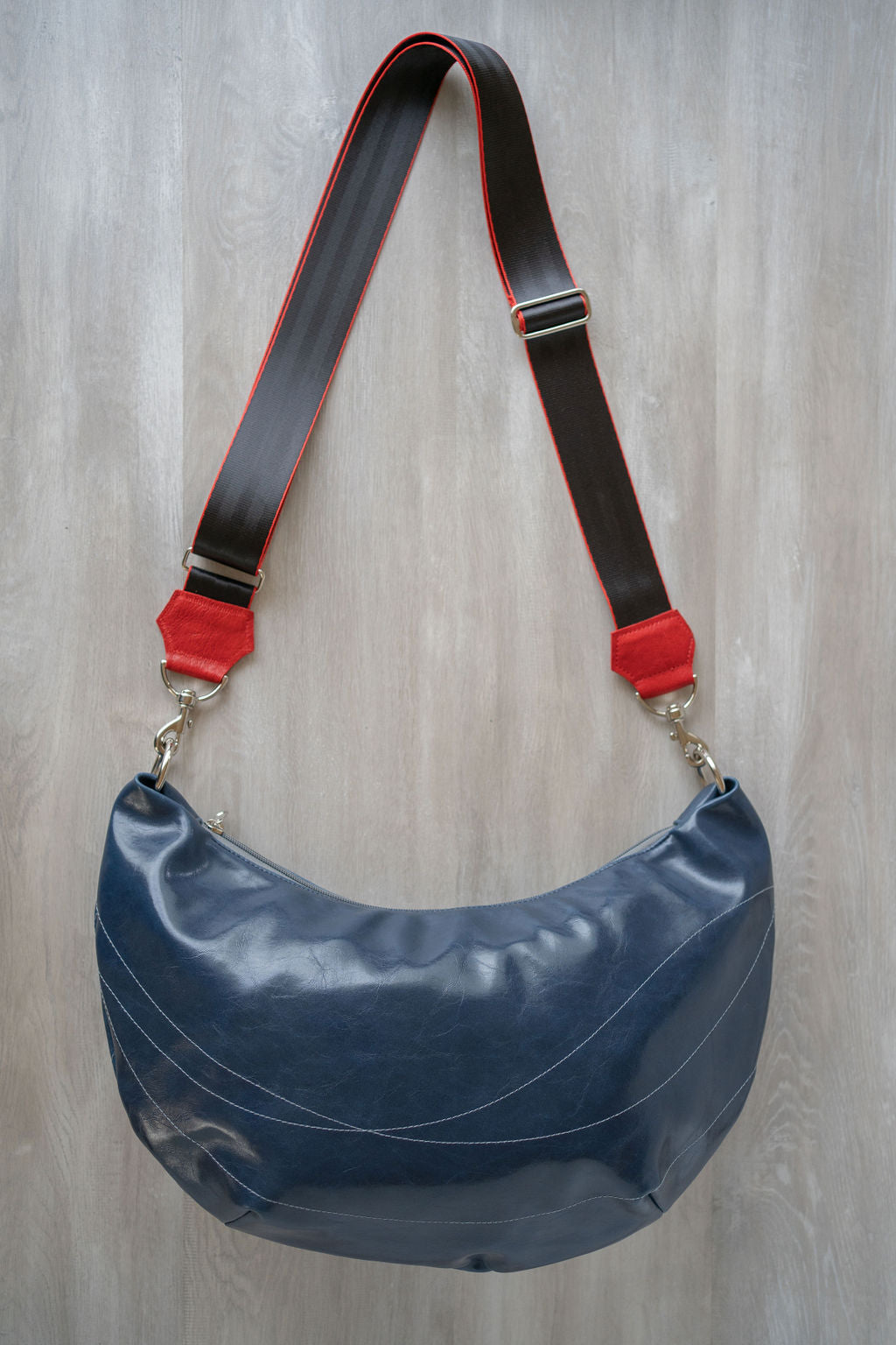 Womens Hobo Purse - Foxtrot Medium Topstitch Hobo Bag - Navy Blue Vegan Leather#color_navy