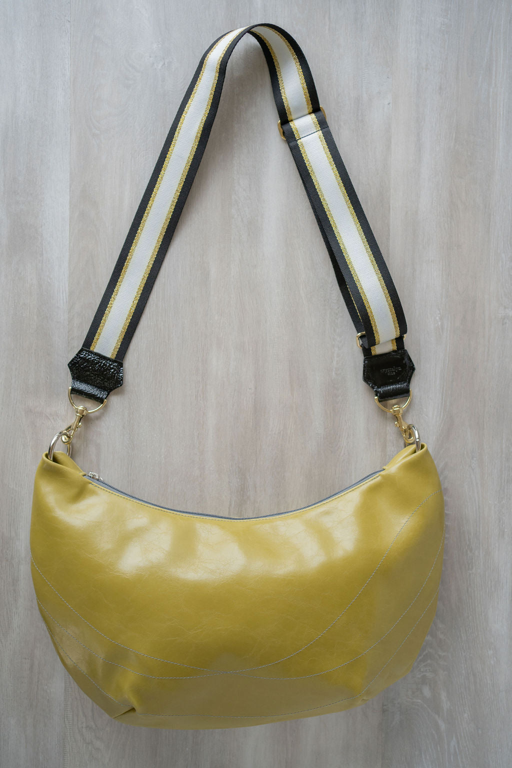 Womens Hobo Purse - Foxtrot Medium Topstitch Hobo Bag - Citrine Green Vegan Leather Vegan Coated Canvas made in USA#color_citrine