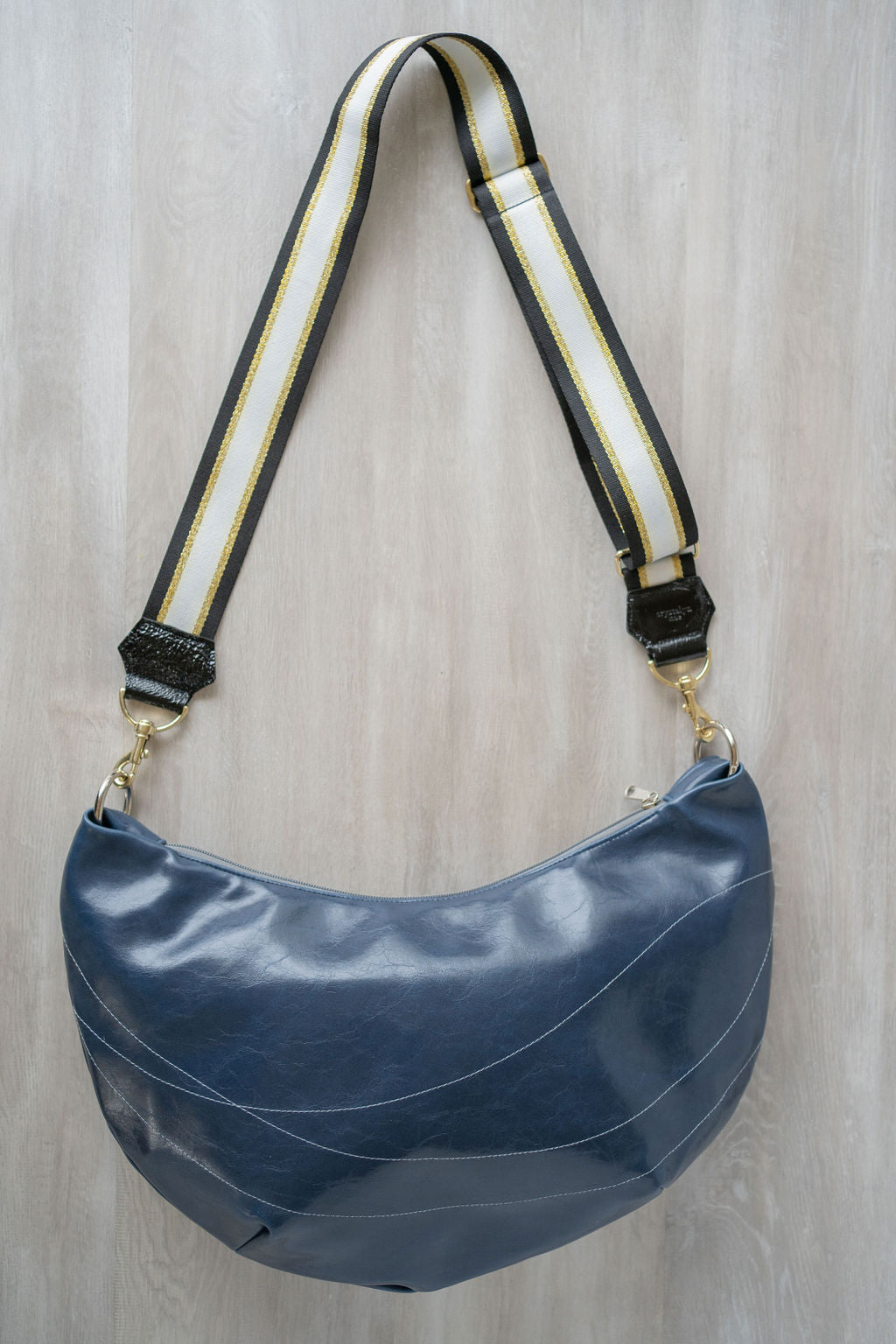 Womens Hobo Purse - Foxtrot Medium Topstitch Hobo Bag - Navy Blue Vegan Leather#color_navy