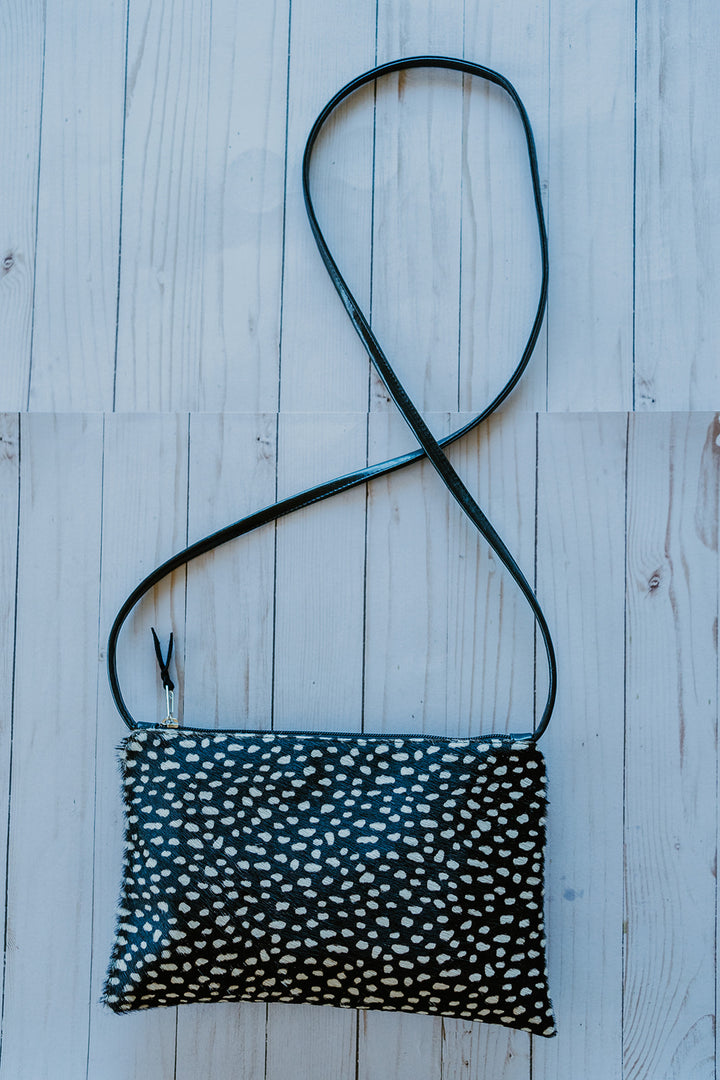 Bossa Nova Medium Crossbody Bag from Limited Edition Fabric made in USA#color_black-and-white-dots