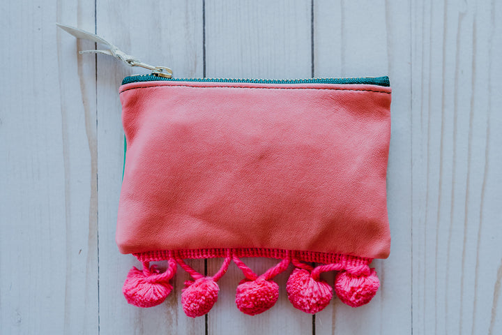 Small Valet Zipper Pouch - Watermelon Recycled Leather with Pom Pom Fringe