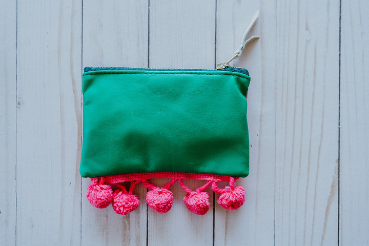 Small Valet Zipper Pouch - Watermelon Recycled Leather with Pom Pom Fringe