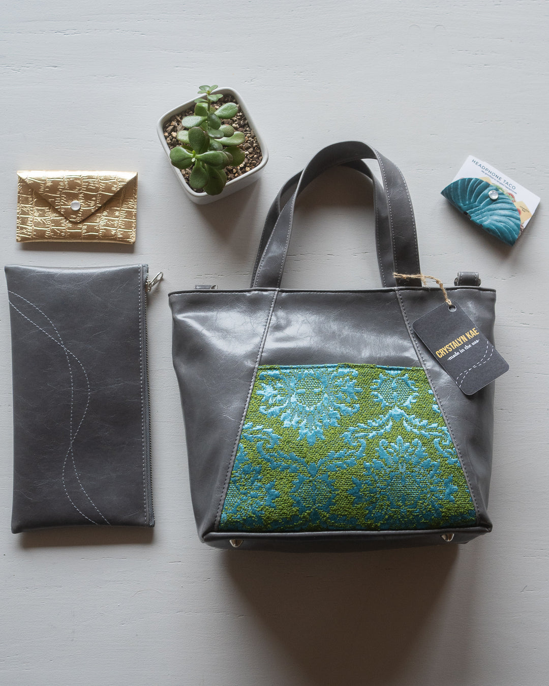 Mini Troubadour Tote - Auntie Mame Teal Brocade with Grey Vegan Leather