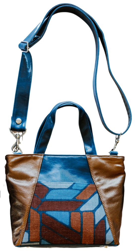 Mini Troubadour Tote - Geometric Fabric with Bronze Leather and Navy Blue Glaze