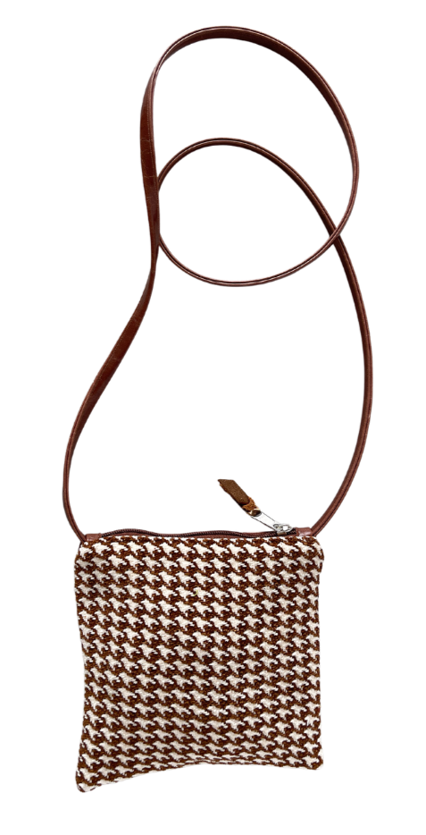 Cha Cha Small Crossbody Bag - Brown Houndstooth Chenille Vintage Fabric