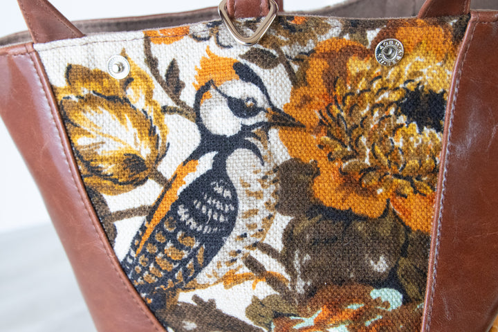 Metier Tote - Brown with Vintage Woodpecker Fabric