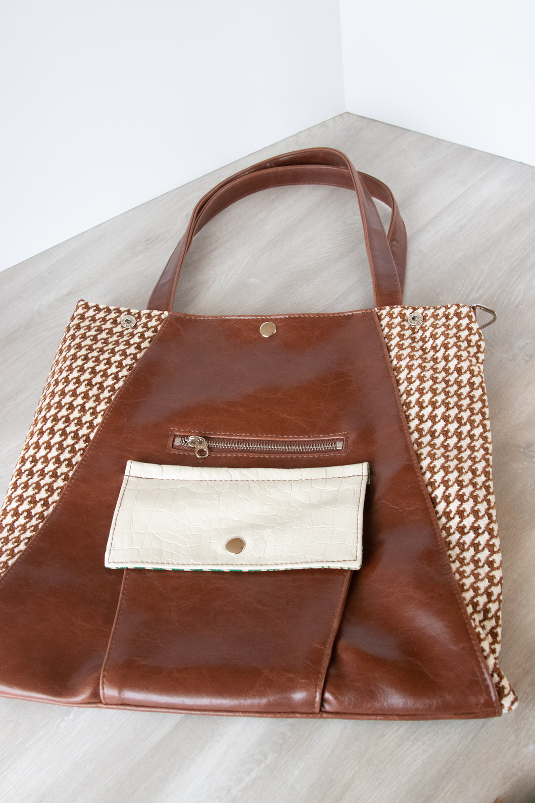 Metier Tote - Brown Houndstooth Chenille Vintage Fabric