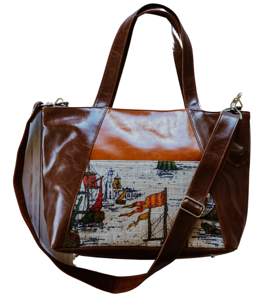 Troubadour Tote - Morro Bay Sailboats with Ale Brown and Butterscotch Vegan Leather