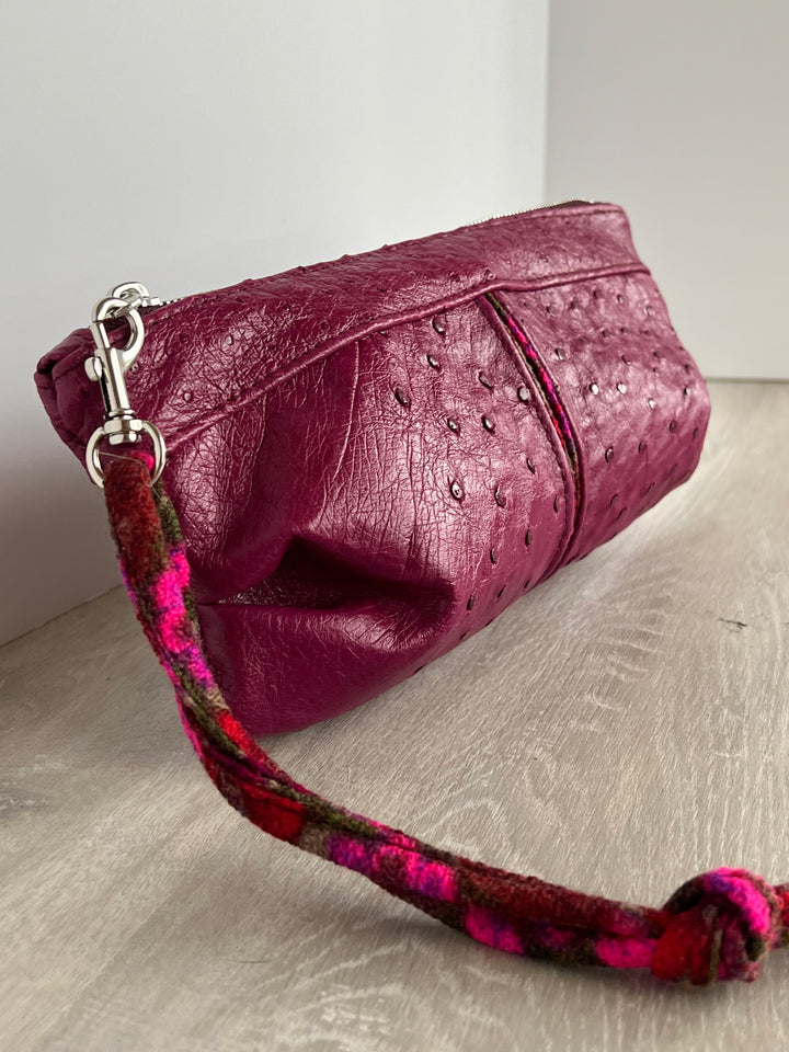 Pleated Clutch - Magenta Ostrich Reclaimed Leather