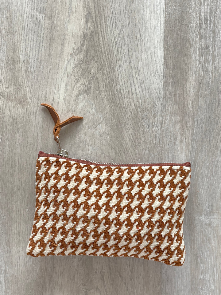 Small Valet Zipper Pouch - Brown Houndstooth Chenille Vintage Fabric