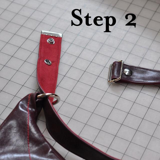step 2 of how to attach Adjustable Strap to bag - 1.5" Wide X 48" Long