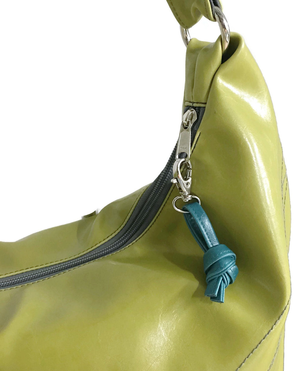knotted bag charm hanging from hobo zipper pull French Knot Bag Charm
