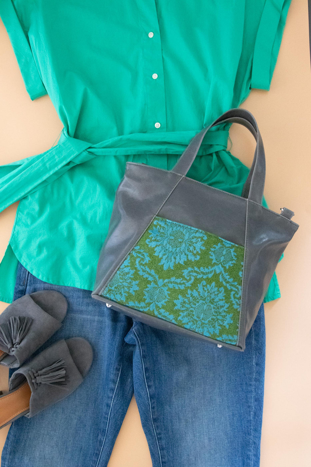 Mini Troubadour Tote - Auntie Mame Teal Brocade with Grey Vegan Leather