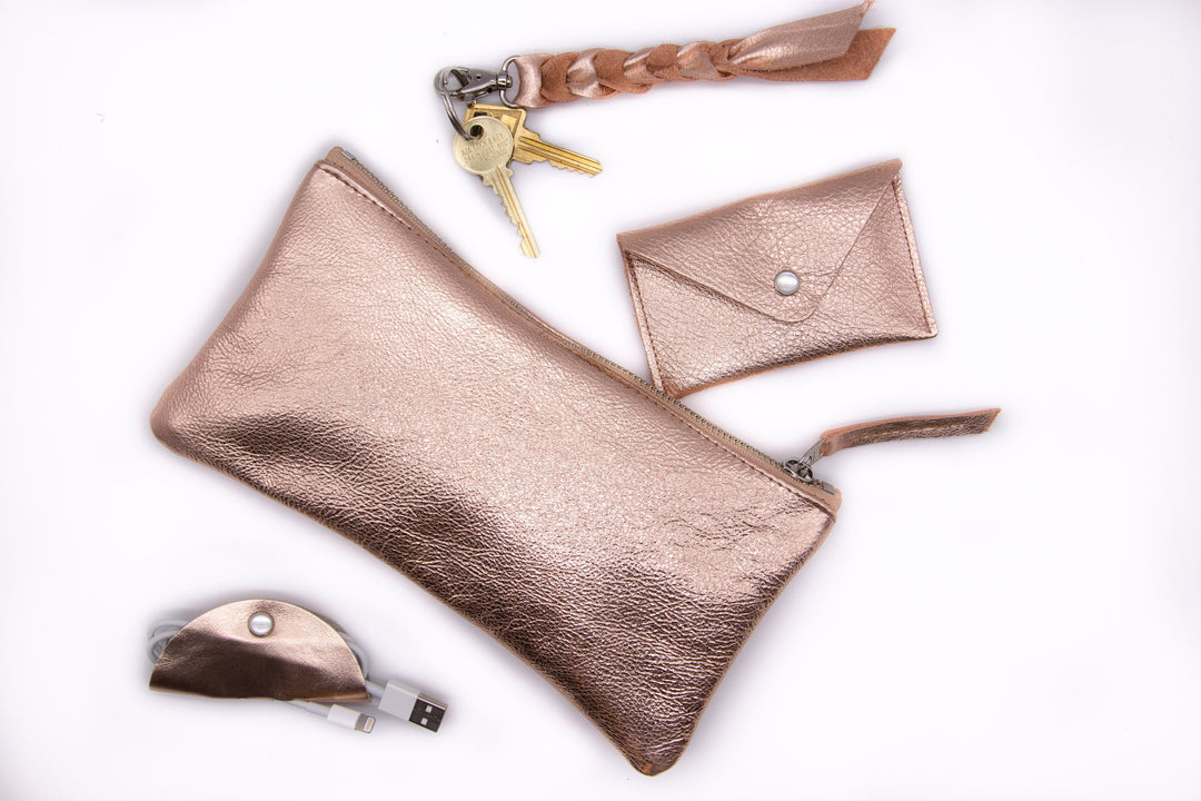 Large Valet Pouch - Rose Gold Recycled Leather made in usa