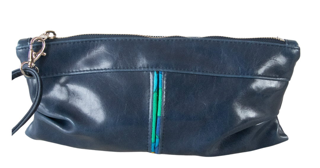 Pleated Clutch - Navy Blue Vegan Leather and Vintage Fabric