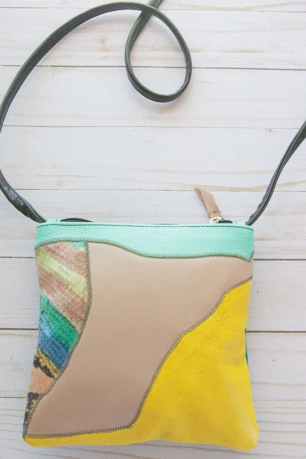 Cha Cha Small Crossbody Bag from Glazed Vegan Leather made in USA#color_warm-patchwork