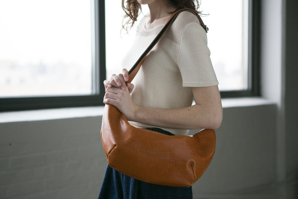 Womens Hobo Purse - Foxtrot Medium Topstitch Hobo Bag - Orange Vegan Leather#color_butterscotch