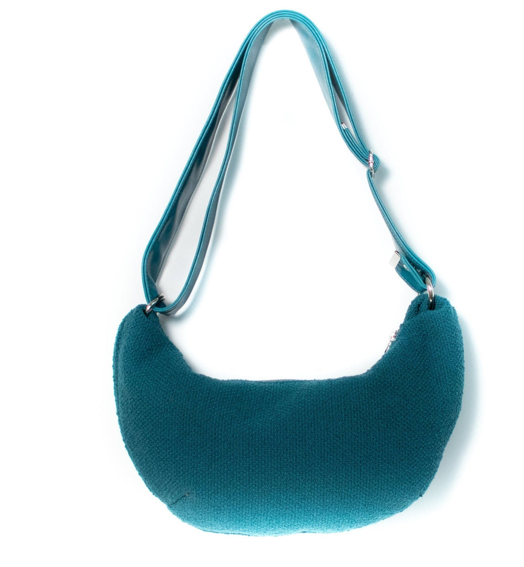 Womens Hobo Purse - Foxtrot Medium Topstitch Hobo Bag Teal Bouclé Fabric vegan made in usa#color_teal-boucle