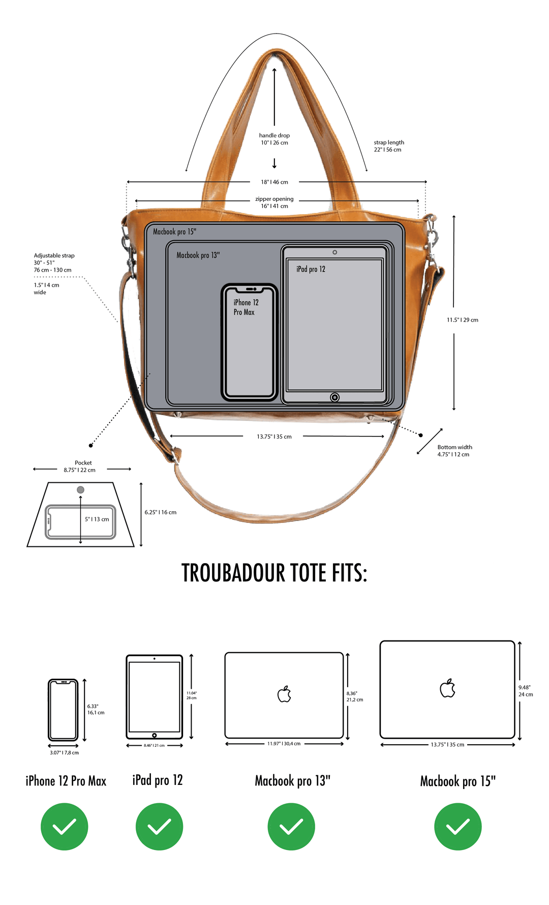 Womens Tote Bag - Troubadour Tote  measurements